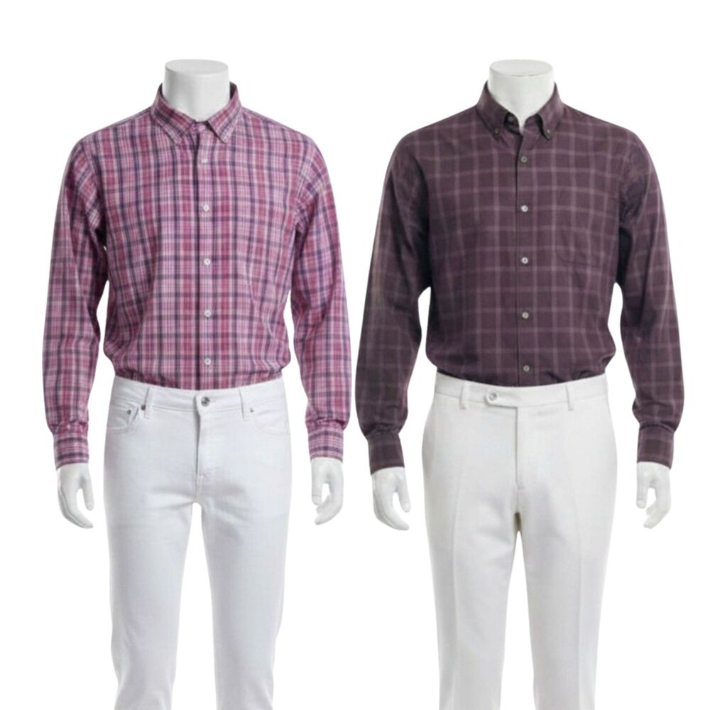 Lot of 2 Men's Shirts Size Medium IZOD Van Heusen Plaid Long Sleeve Button Down